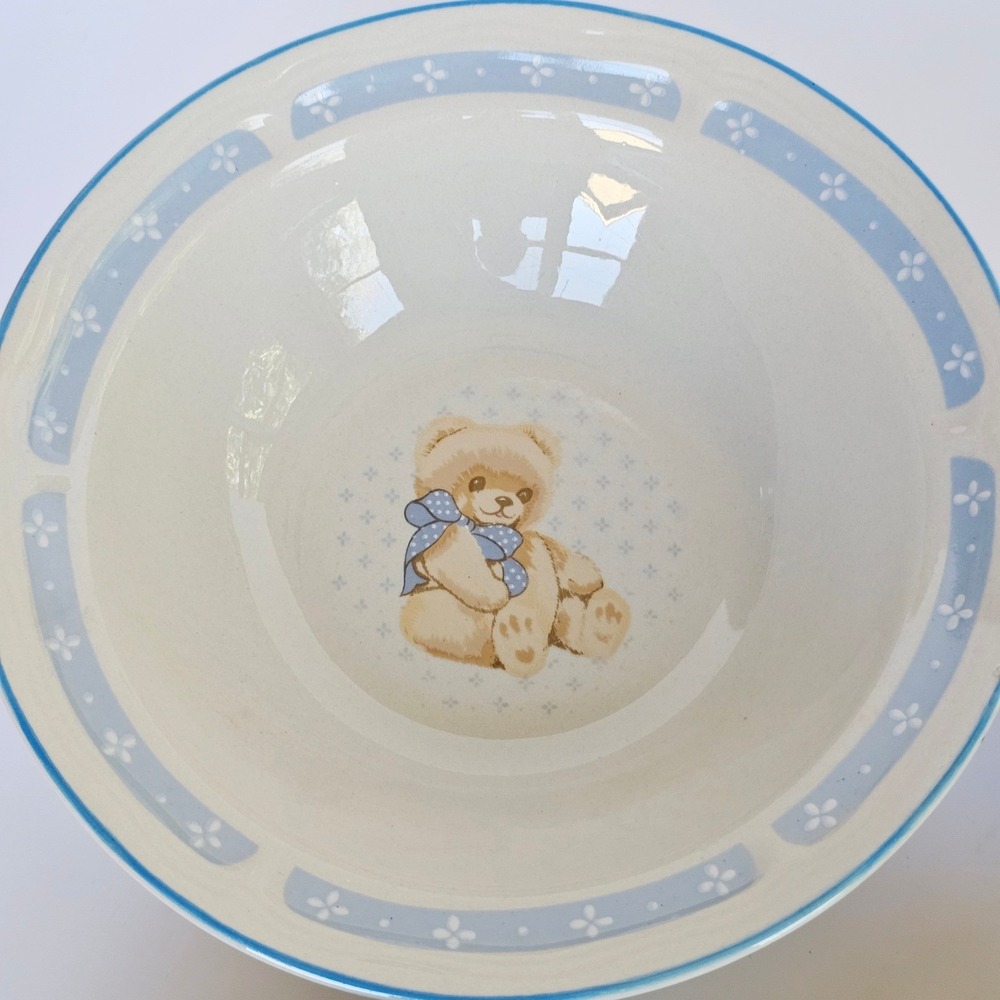 Vintage Tienshan Stoneware Teddy Bear Cereal Bowls Set of 6 Blue Nursery Kitsch - Picture 11 of 15